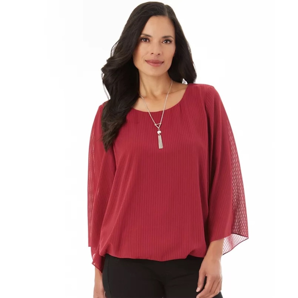 Apt. 9 Berry Chiffon Bell Sleeve Blouse with Necklace | Size Small